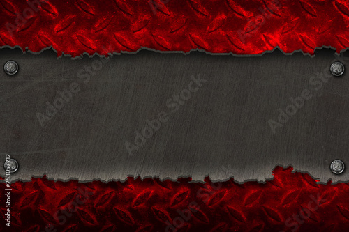 black metal banner on red diamond plate.
