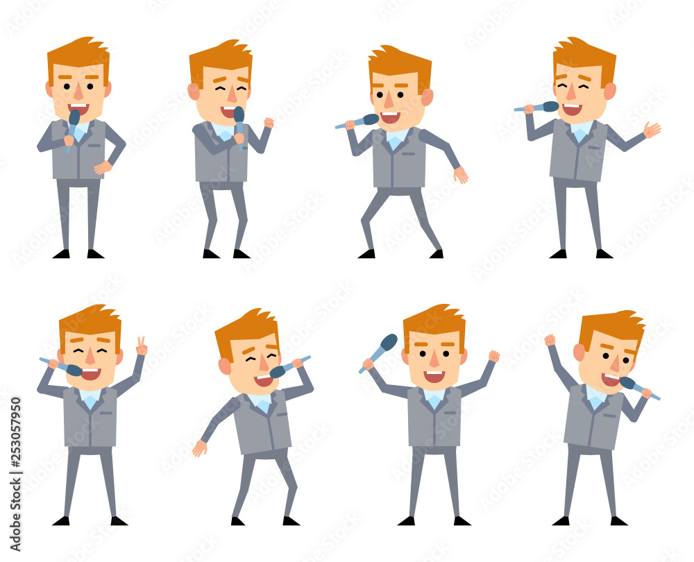 Set of businessman characters in grey suit posing with microphone in various situations. Cheerful man karaoke singing. Flat style vector illustration