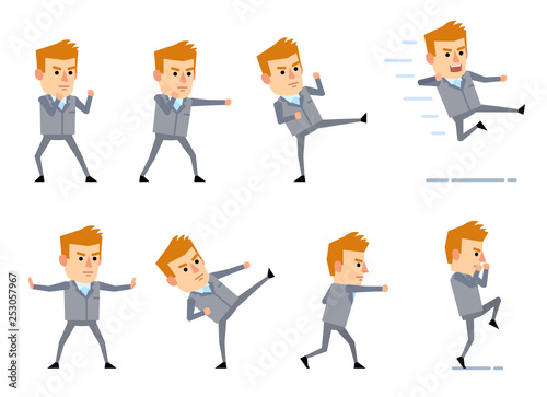 Set of businessman characters in grey suit showing different battle poses. Man fighting, kicking, jumping, attacking and showing other actions. Flat style vector illustration