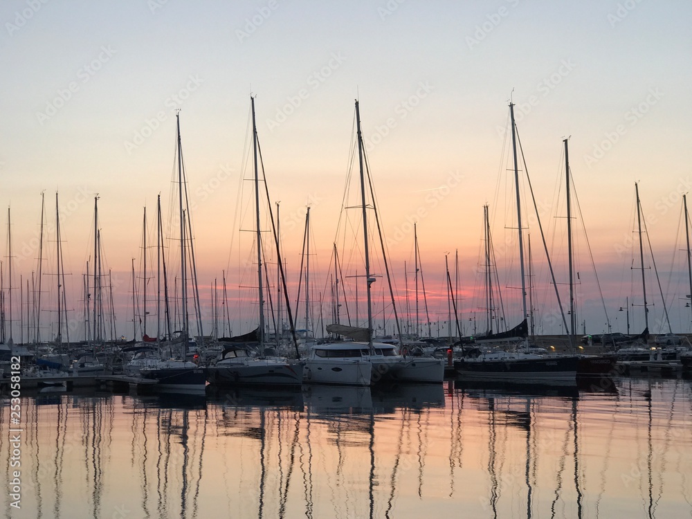 boats in marina at sunset