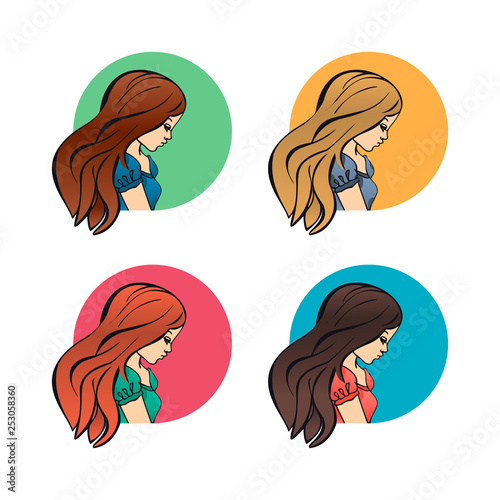 Portraits women girls, lateral face profile and shoulders avatars set isolated vector illustration. Cartoon flat icons. Characters for web