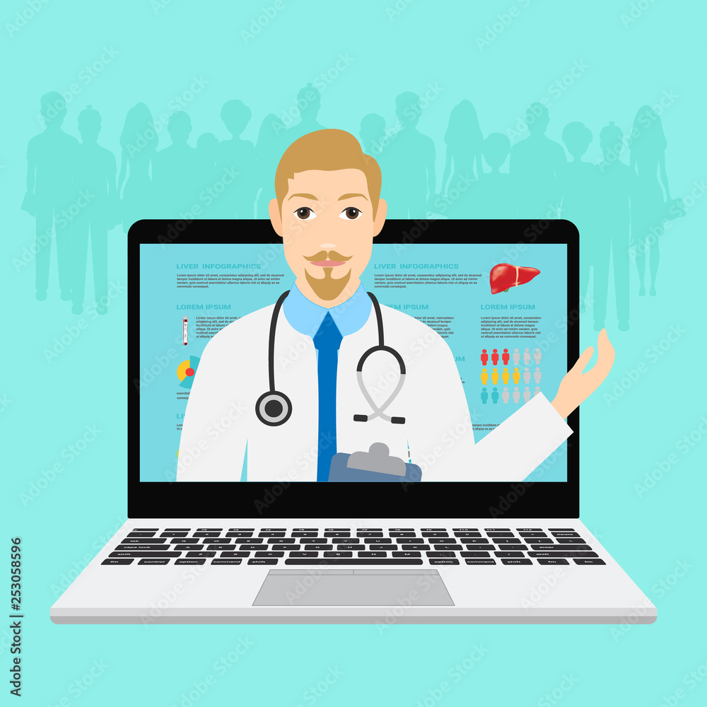 Doctor out of screen monitor. Computer service health. Modern healthcare design concepts Doctor out of screen monitor. Computer service health. Modern healthcare design concepts