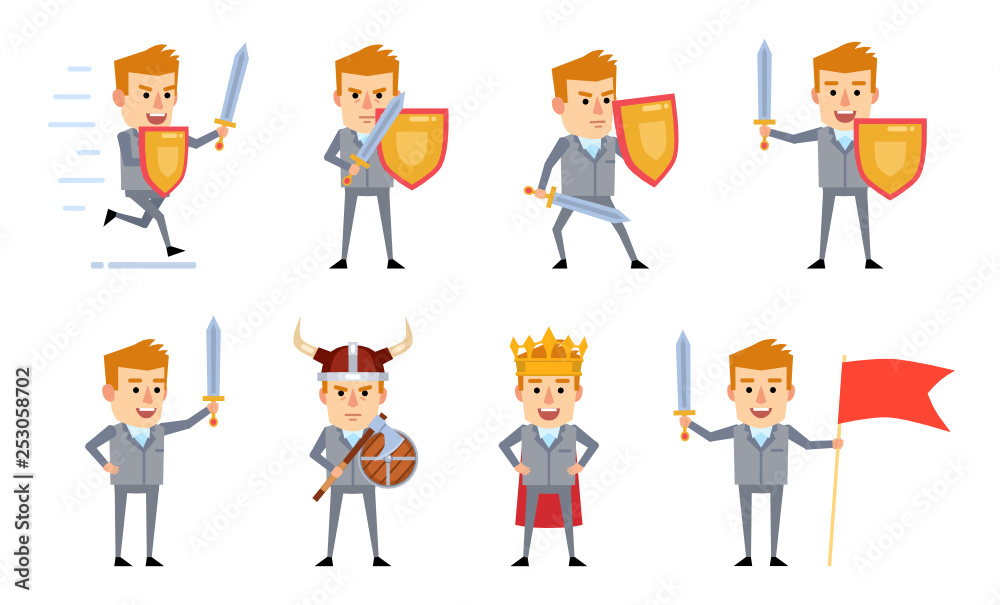 Set of businessman characters posing with diverse medieval weapons, armor. Funny businessman holding shield, sword and showing other actions. Flat design vector illustration Set of businessman characters posing with diverse medieval weapons, armor. Funny businessman holding shield, sword and showing other actions. Flat design vector illustration