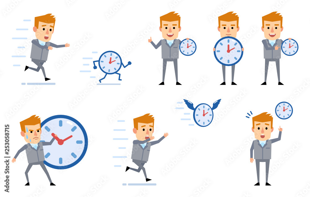 Set of businessman in grey suit posing with watch in diverse situations. Funny businessman holding clock, running and showing other actions. Flat design vector illustration