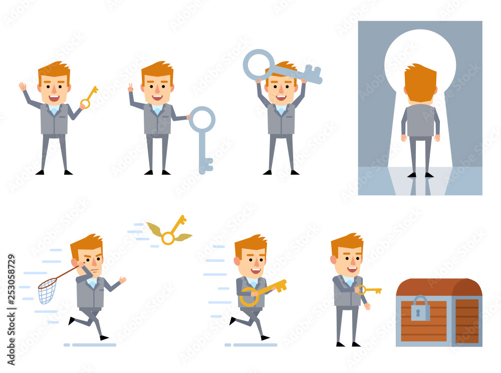 Set of businessman in grey suit posing with key in diverse situations. Find key to solve problem, key to success. Flat design vector illustration Set of businessman in grey suit posing with key in diverse situations. Find key to solve problem, key to success. Flat design vector illustration