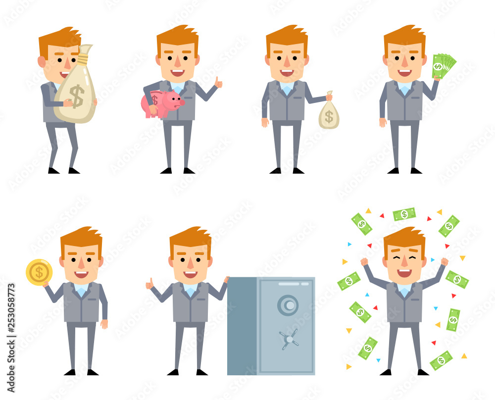 Set of businessman in grey suit posing with money. Cheerful man holding piggy bank, money bag, golden coin and showing other actions. Flat style vector illustration