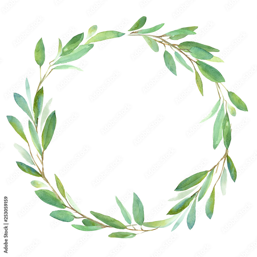 Geometric botanical design wreath. Green leaves. Watercolor illustration for wedding invitation design, branding, web sites, social media
