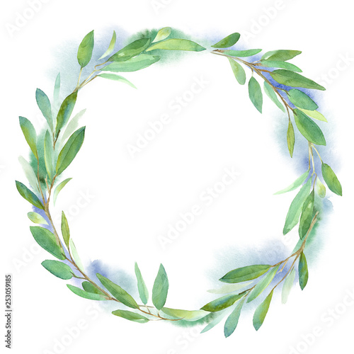 Geometric botanical design wreath. Green leaves. Watercolor illustration for wedding invitation design  branding  web sites  social media