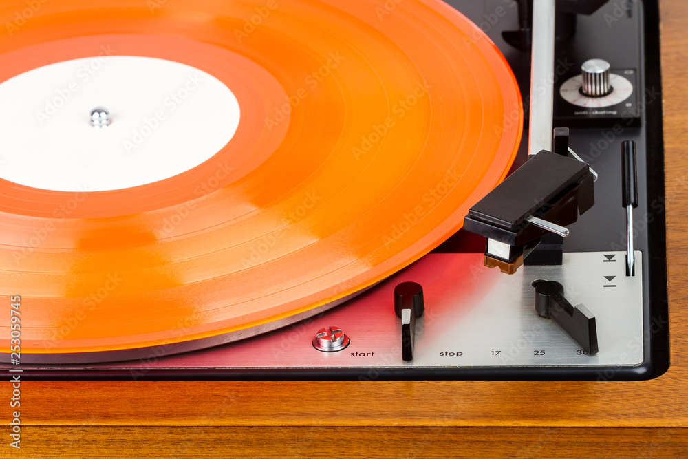Close Up Of Vintage Turntable Record Player With Red Vinyl Stock Photo Adobe Stock