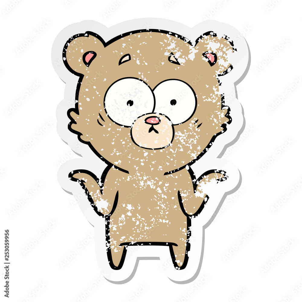 distressed sticker of a cartoon bear shrugging shoulders distressed sticker of a cartoon bear shrugging shoulders