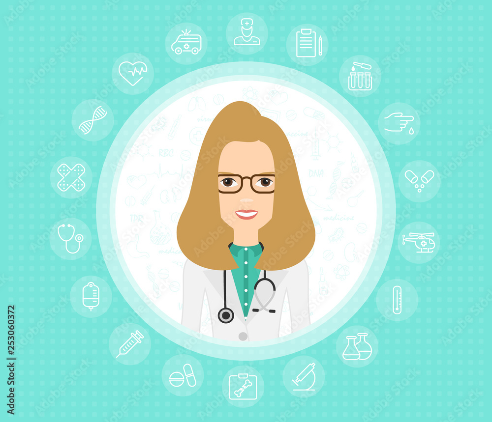 Doctor woman in medical gown with stethoscope. Cute cartoon doctor character. Vector illustration. EPS10 Doctor woman in medical gown with stethoscope. Cute cartoon doctor character. Vector illustration. EPS10
