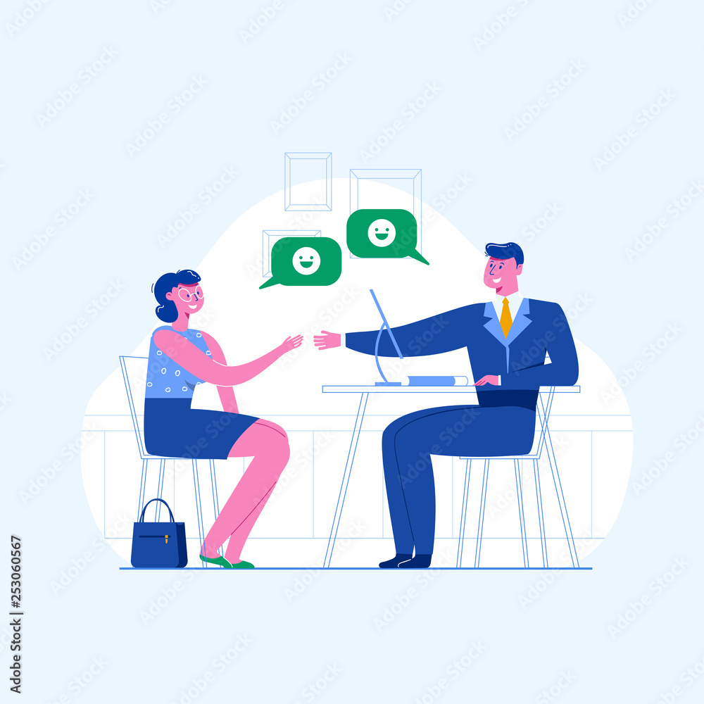 A woman is having a job interview. Jobseeker and employer sit at the table and talk. Good impression. Simple concept with the working situation, recruitment or hiring. A woman is having a job interview. Jobseeker and employer sit at the table and talk. Good impression. Simple concept with the working situation, recruitment or hiring.