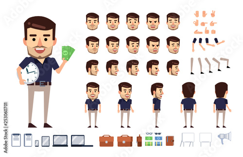 Stylish businessman character creation kit. Creat your own pose, action, animation. Diverse poses, gestures, emotions, design elements. Flat style vector illustration