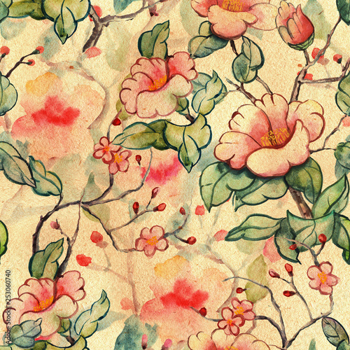 Seamless pattern. Camellia flower. Watercolor illustration painted in asian style