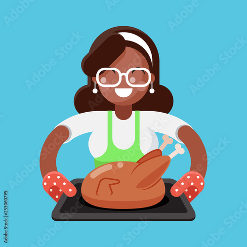 Afro american mother woman with fried chicken turkey housewife with baking flat design concept template vector illustration