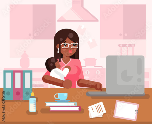 Afro american working mother woman with child home office room interior background flat design concept template vector illustration