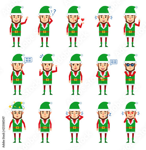 Set of Christmas elf characters showing different emotions. Funny elves laughing, crying, angry, surprised, dazed, sleeping and showing other emotions. Flat style vector illustration