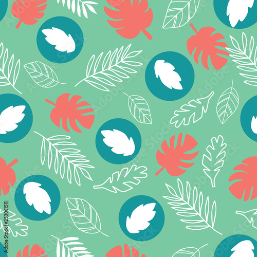 jungle leaf green and coral print pattern. For product design, fabric, wallpaper, background, invitations, packaging design projects. Surface pattern design