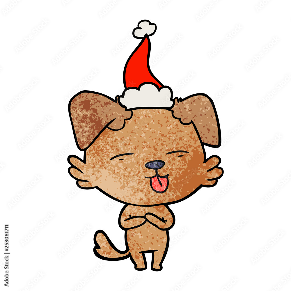 textured cartoon of a dog sticking out tongue wearing santa hat textured cartoon of a dog sticking out tongue wearing santa hat