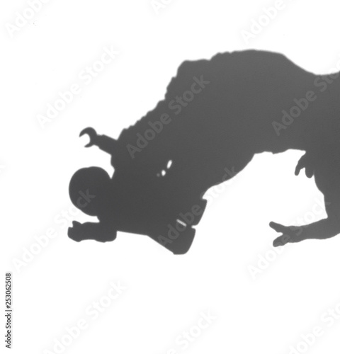 shadow of a tyrannosaurus biting a human body on white no logo or trademark