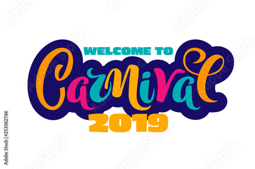 Vector hand drawn carnival text for carnaval party invitation, Brazil or Venetian event, Mardi Gras concept, festival or masquerade logo. Festive mood concept with carnaval mask, firework, confetti