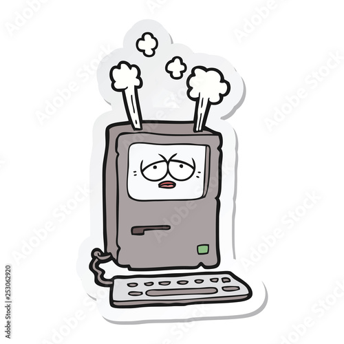 sticker of a cartoon tired computer overheating