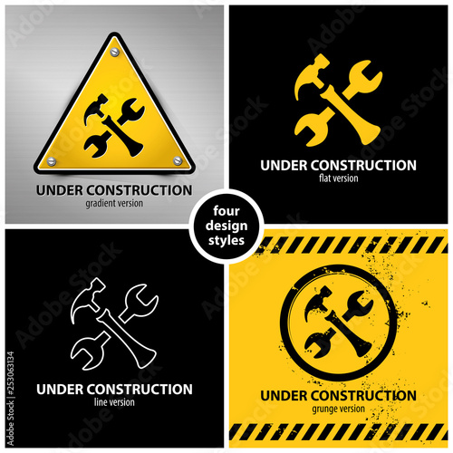 set of under construction symbols containing four unique design elements in different variations: gradient, flat, line and grunge style, eps10 vector illustration