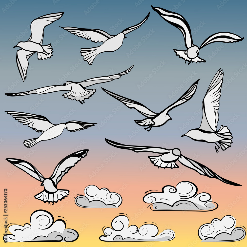 set of images of flying birds and lush clouds set of images of flying birds and lush clouds