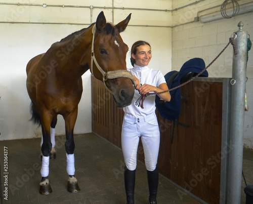 Cheerful Caucasian girl in formal wear tacking up her beautiful brown stallion.