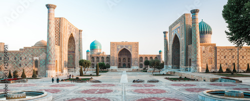 Panorama of Registan square in the city of Samarkand at sunrise, Uzbekistan