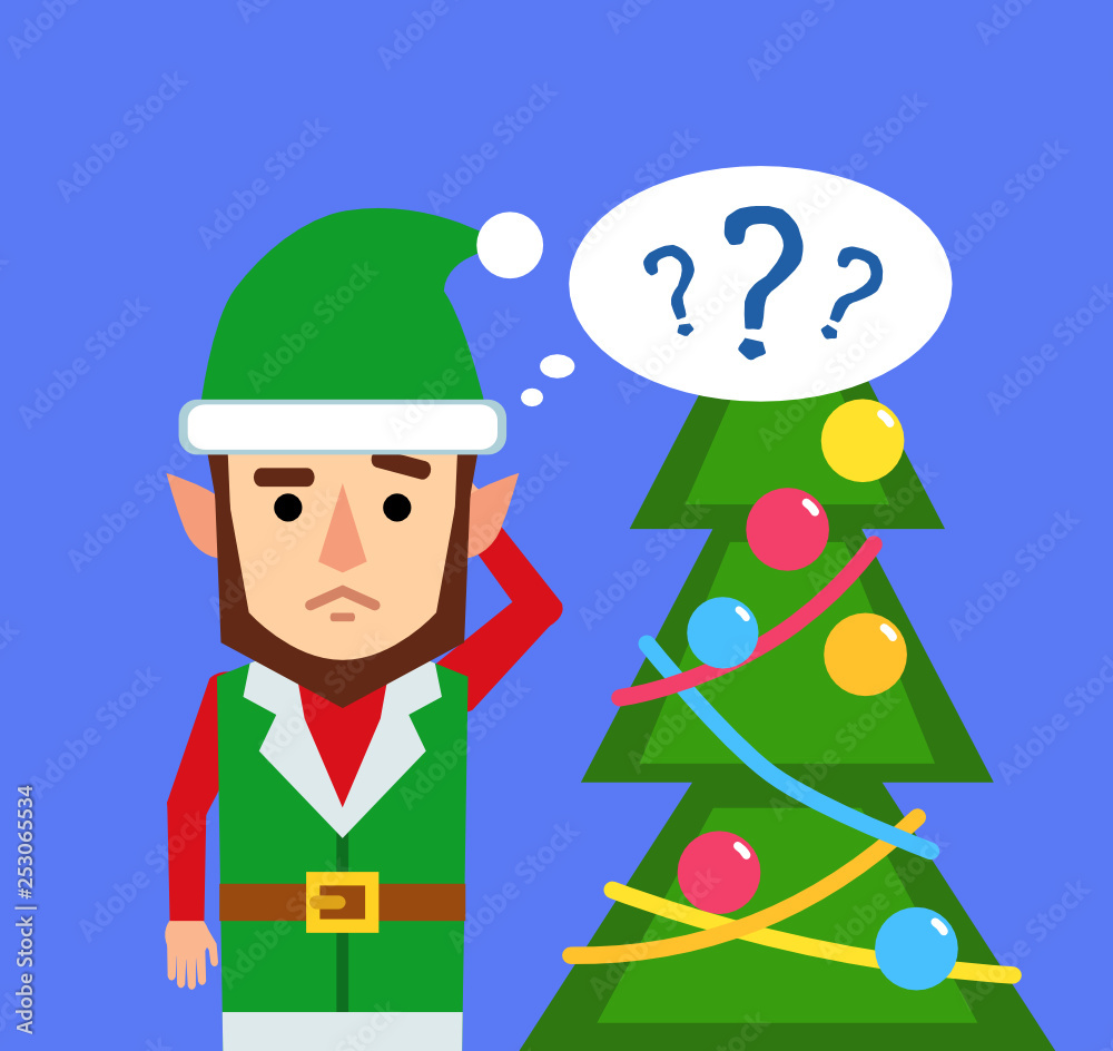Confused Christmas elf thinking, making decision, solving a problem emoticon. Flat style vector illustration
