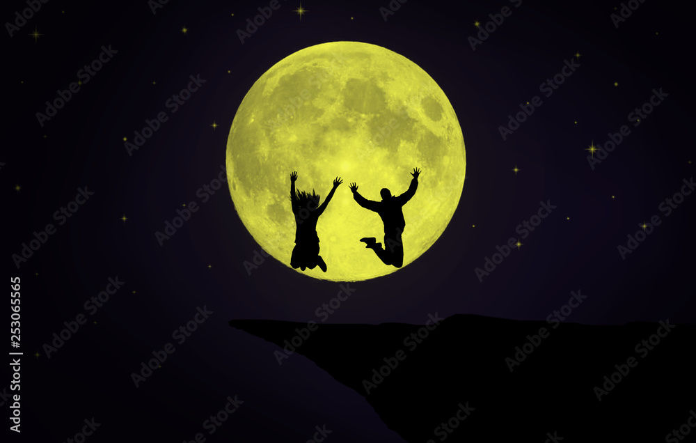 people jumping in front of full moon