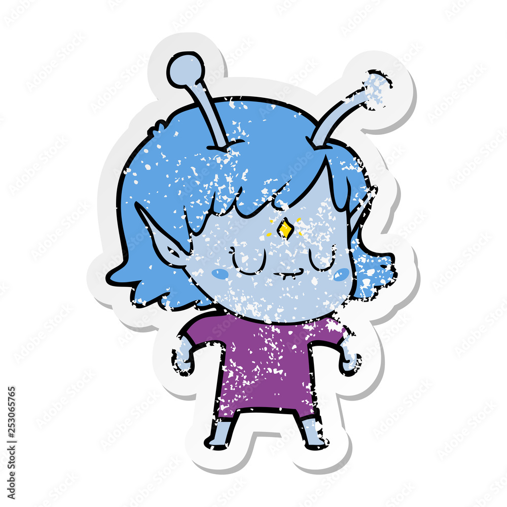 distressed sticker of a cartoon alien girl distressed sticker of a cartoon alien girl