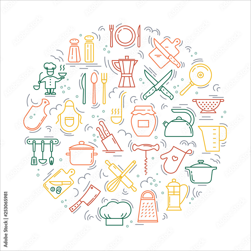 Cooking with love circular Background from icons on the theme of the kitchen and cooking. Background for the decoration of the menu of restaurants and cafes.