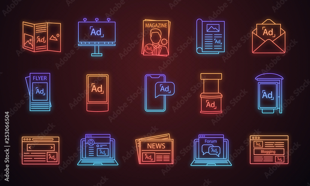 Advertising channels neon light icons set