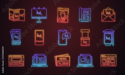 Advertising channels neon light icons set