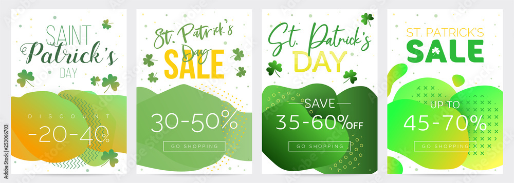 Pack of four Saint Patricks Day discount vouchers, templates with green gradient backgrounds