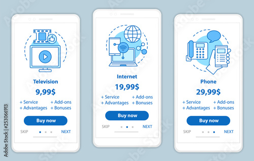 TV, phone, internet bundle onboarding mobile app screens