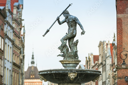 Beautiful Neptune fountain at dawn - symbol of Gdansk, Poland