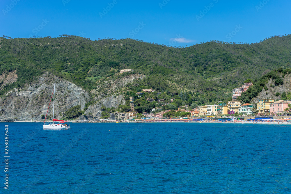 Italy, Cinque Terre, Monterosso, Monterosso al Mare, SCENIC VIEW OF SEA AND MOUNTAINS AGAINST BLUE SKY
