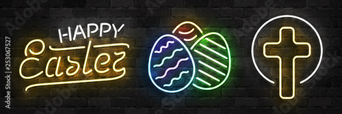 Vector set of realistic isolated neon sign of Easter logo for template decoration and layout covering on the wall background. Concept of Happy Easter celebration.