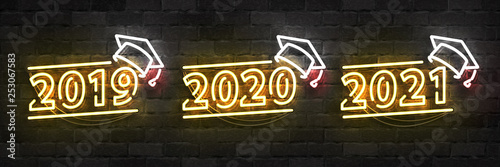 Vector set of realistic isolated neon sign of Graduation logo for 2019, 2020 and 2021 years for template decoration and layout covering on the wall background.