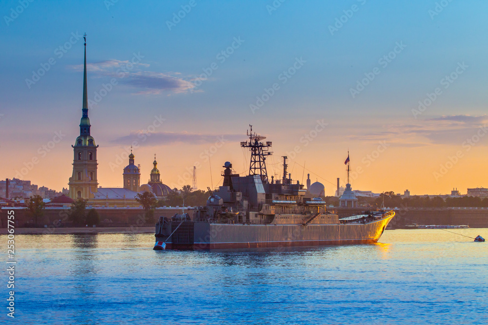 St. Petersburg. Russia. Peter-Pavel's Fortress. Day of the Navy of Russia. Naval parade. Military destroyer on the Neva. Holidays of Russia. Petersburg embankments. St. Petersburg. Russia. Peter-Pavel's Fortress. Day of the Navy of Russia. Naval parade. Military destroyer on the Neva. Holidays of Russia. Petersburg embankments.