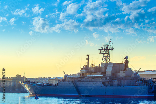 St. Petersburg. Russia. Day of the Navy of Russia. Naval parade. Military destroyers on the Neva. Bridges of St. Petersburg. Holidays of Russia. Petersburg embankments.