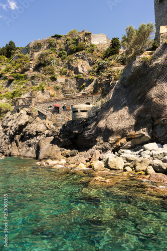 Italy, Cinque Terre, Monterosso, a world war bunker on the rocky cliff