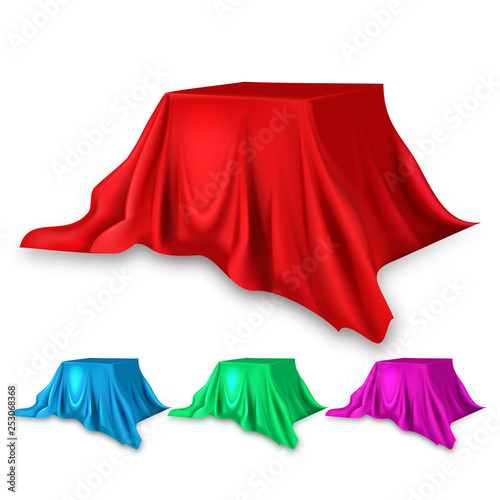 Stage Red Silk Set Vector. Fabric Cloth Waving Shape. For Presentation. Banner, Podium, Stand. Velvet Luxury Textile Drapery. 3D Realistic Decoration Element Isolated Illustration