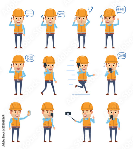 Set of construction worker characters with phone posing in diverse situations. Funny workman talking on phone, surprised, angry and showing other emotions. Flat design vector illustration