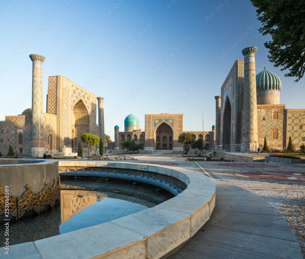 Registan square in the city of Samarkand at sunrise, Uzbekistan