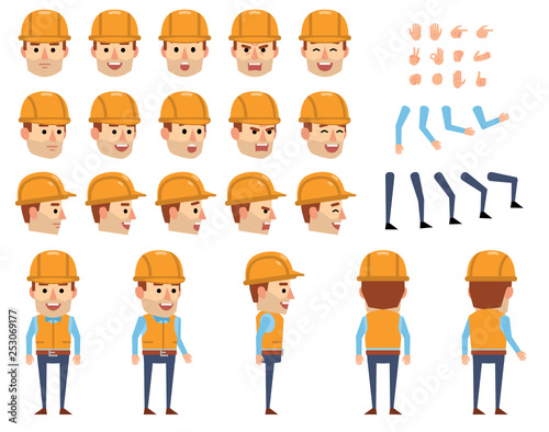 Construction worker creation set. Various gestures, emotions, diverse poses, views. Create your own pose, animation. Flat style vector illustration