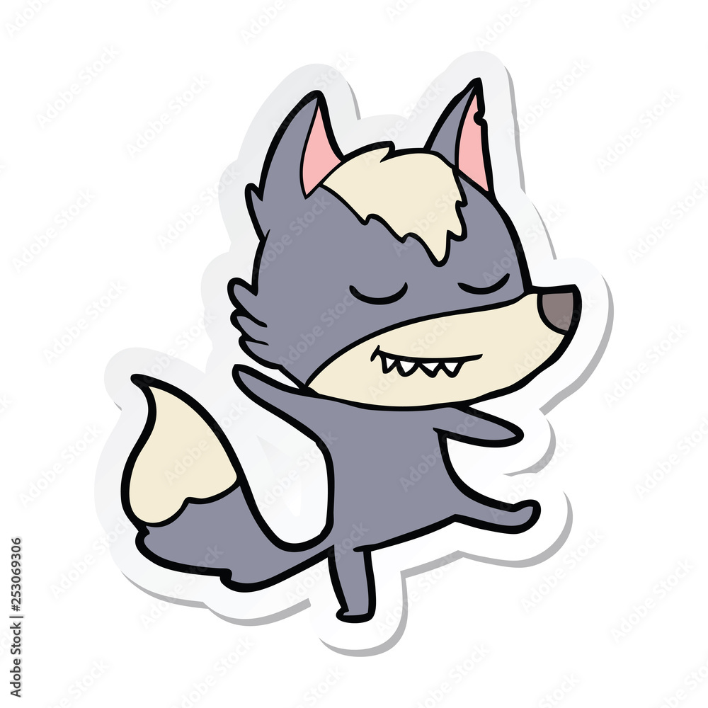 sticker of a friendly cartoon wolf balancing sticker of a friendly cartoon wolf balancing